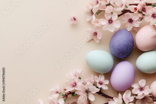 Pastel colored Easter eggs with pink cherry blossoms on beige background, spring holiday decoration with copy space.