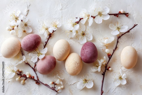 Pastel Easter eggs arranged with white spring blossoms on light textured background, creating a soft seasonal holiday composition.