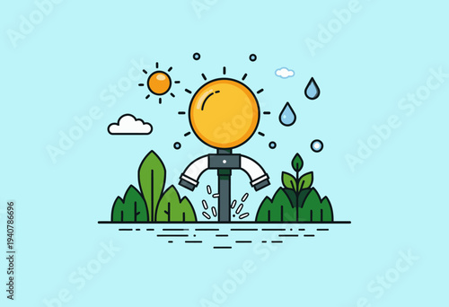 Illustration of Innovative Green Energy Concept Featuring Light Bulb Sprouting From Lush Greenery Amidst Water Droplets and Eco-friendly Symbols