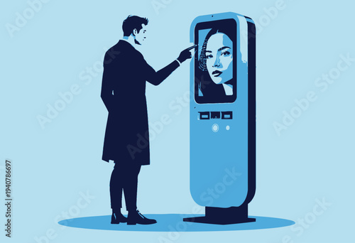 Futuristic Digital Interface: Man Engaging with Advanced Interactive Screen Displaying Artificial Intelligence Portrait on a High-Tech Standing Device
