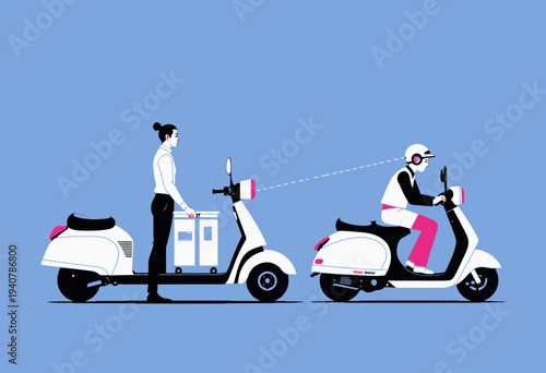 Illustration of Two Individuals on Urban Scooters: One Seated and Riding in Protective Gear, Another Standing Behind with Parcel Box on a Clear Blue Background