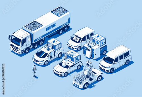 Diverse Fleet of Futuristic Autonomous Delivery and Service Vehicles in Urban Setting Visualized in Isometric Style