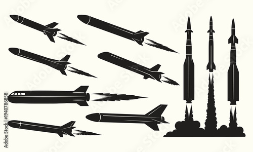 Missile Rocket Launch Set Ballistic Missile and Rocket Launch Silhouette Vector Collection