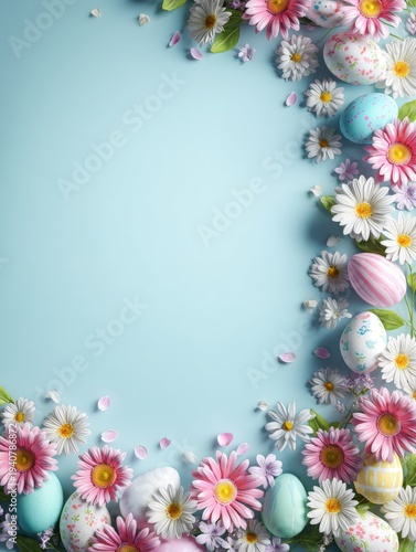 Pastel Easter eggs and spring flowers forming a decorative border on light blue background with copy space.