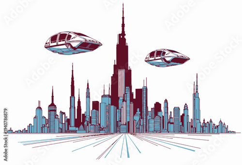 Futuristic Cityscape with Flying Vehicle: A Visionary Illustration of Advanced Urban Development and Innovative Transportation