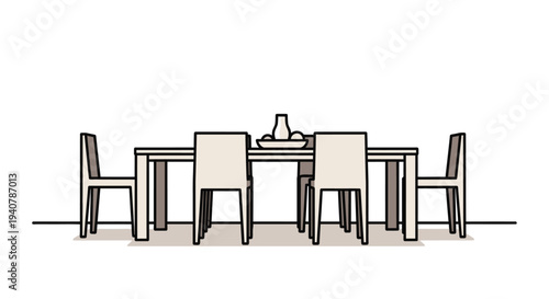Modern dining table with chairs and minimalist decor illustration.