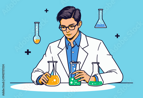Scientist in laboratory attire analyzing colorful chemical substances in glass beakers with floating test tubes in a scientific research environment