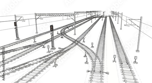 Railway junction and train tracks layout with signals and overhead lines.