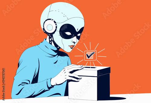 Futuristic humanoid robot wearing a sleek disguise interacts with a mysterious box highlighting concept of technology and artificial intelligence innovation