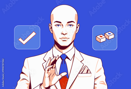 Illustration of a Confident Bald Man in a Suit with Checkmark and Dice, Symbolizing Decision Making and Choice against a Blue Background