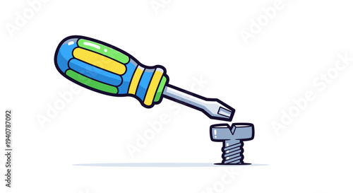Cartoon illustration of a screwdriver turning a screw.