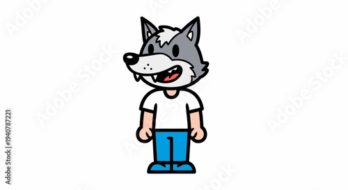 Cartoon wolf man in white t-shirt and blue jeans standing and smiling