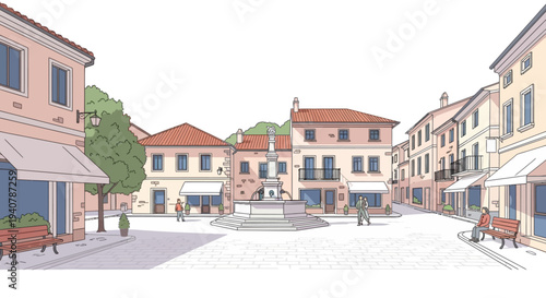 Flat line art illustration of a peaceful European town square with a central fountain