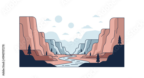 Stylized minimalist illustration of a desert canyon landscape with a winding river and cliffs.