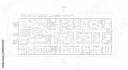 Architectural floor plan of industrial factory and office building layout