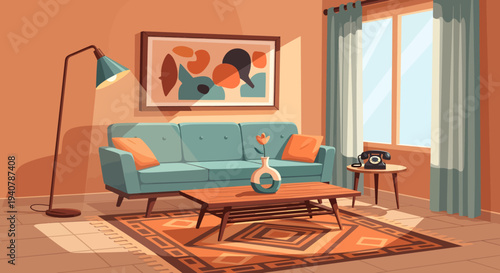 Cozy Living Room Scene with Mid-Century Modern Sofa and Artwork