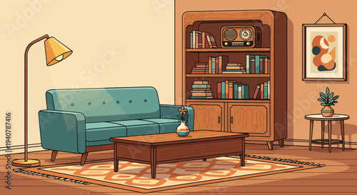 Cozy Mid-Century Modern Living Room Interior with Vintage Furniture and Warm Ambiance Illustration