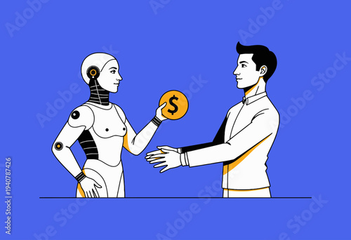Illustration of Human Handing Over Money to Humanoid Robot in Futuristic Exchange on Blue Background Depicting Technology and Finance Integration