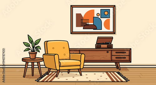 Cozy Mid-Century Modern Living Room Illustration with Retro Furniture and Abstract Wall Art