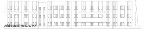 Technical architectural elevation drawing showing elongated multi-story building with repetitive facade patterns, varied window bays and symmetrical sections.
