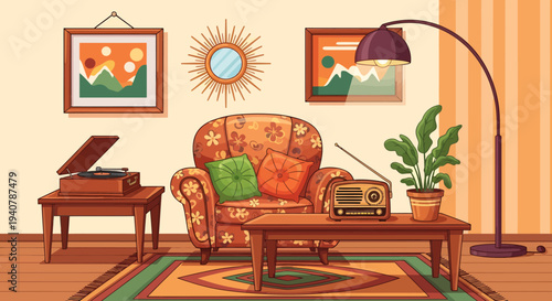 Cozy Retro Living Room Interior with Vintage Furniture and Home Decor Illustration