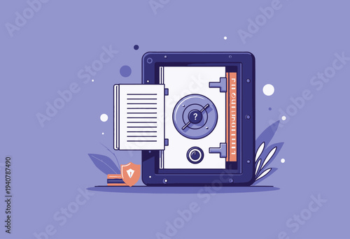 Illustration of a Secure Vault with Combination Lock and Opened Door Featuring a Document and Security Symbols on a Purple Background