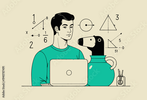 Creative Illustration of a Man and Surreal Figure Engaging in Mathematical Concepts with Geometric Diagrams and Symbols around a Modern Laptop
