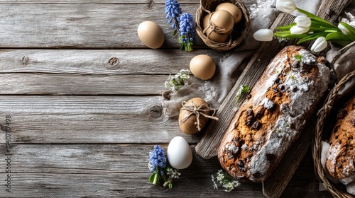 Rustic Easter bread with raisins, eggs and spring flowers on weathered wooden table, top view with copy space.