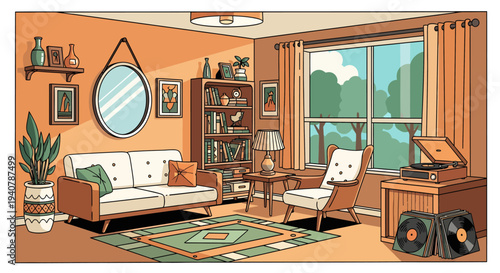 Cozy Retro Living Room with Vintage Turntable and Plants