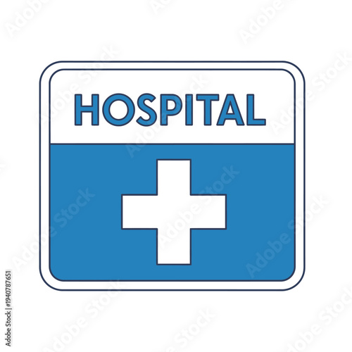 Hospital sign with a white cross on a blue background indicating a medical facility for treatment