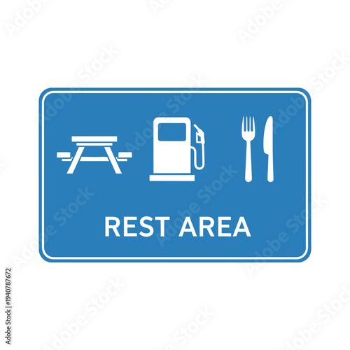 Rest Area Sign Indicating Services for Travelers with Picnic Table, Gas Pump, and Dining Utensils
