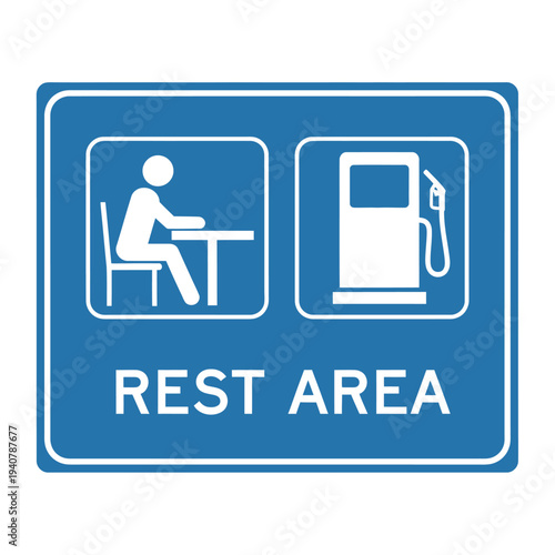 Roadside rest area and fuel station sign, indicating essential amenities for travelers on a blue background