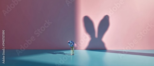 Small vase of flowers casting a playful bunny shadow on a pastel pink wall and blue surface in creative studio light.