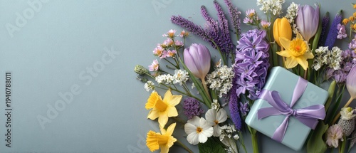 Pastel spring flowers and a blue gift box with lavender ribbon arranged on a light blue background with copy space.