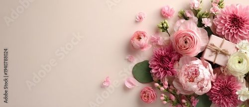 Pink spring flowers and a small gift box with twine ribbon arranged on a pastel background with copy space.