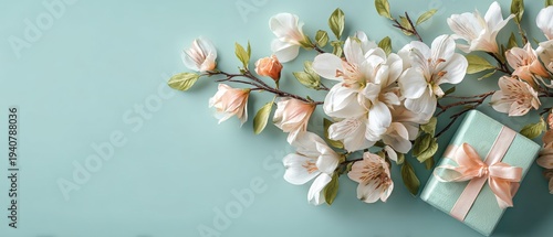 Pastel gift box with peach ribbon beside white spring flowers on light blue background, creating an elegant festive floral composition.