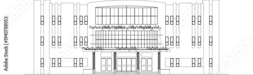 Technical architectural elevation drawing showing symmetrical building facade with central arched entrance, columns, decorative elements and flanking wings.
