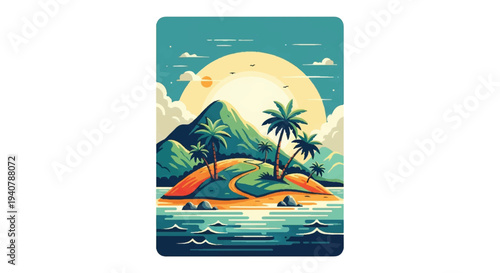 Tropical island scene with palm trees and mountain illustration