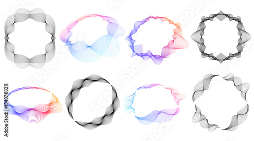 Abstract circular wave line shapes set. Modern design elements with gradient and monochrome variations, perfect for digital art, branding, posters, minimal backgrounds, and geometric compositions