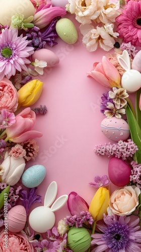 Colorful Easter eggs and spring flowers arranged in a frame on pastel pink background with copy space in the center.