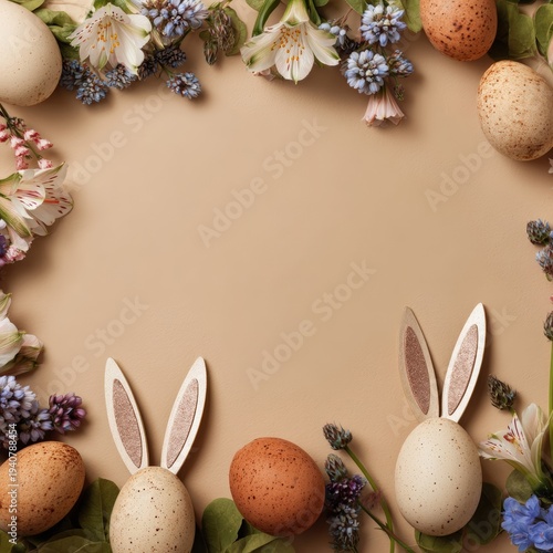 Easter eggs and spring flowers arranged in a frame on beige background with copy space, featuring bunny ear decorations at the bottom.