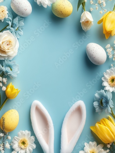 Easter background with bunny ears, colorful eggs and spring flowers arranged around blue copy space.