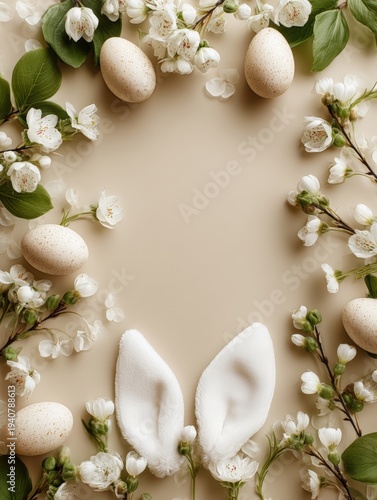 Easter eggs and white spring blossoms frame soft bunny ears on beige background with copy space.