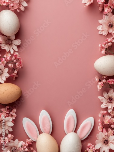 Easter eggs with bunny ears and pink spring flowers framing a pastel background with copy space.