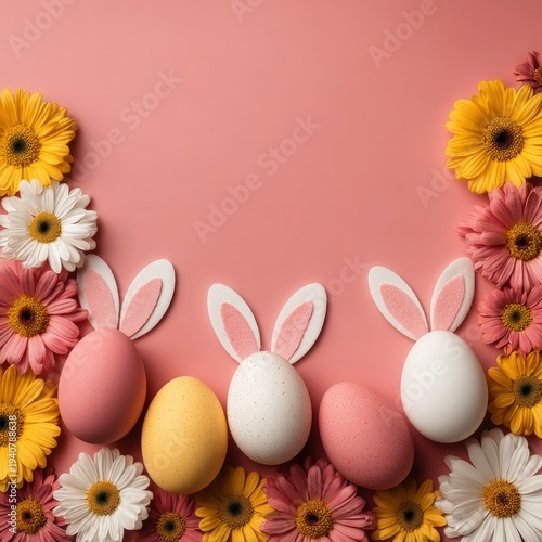 Colorful Easter eggs with bunny ears surrounded by daisies and gerbera flowers on a pink background with copy space.