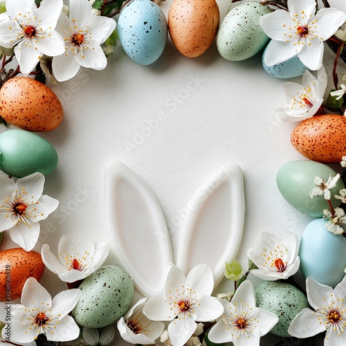 Easter background with pastel speckled eggs, white spring blossoms, and ceramic bunny ears forming a festive frame on light textured surface.