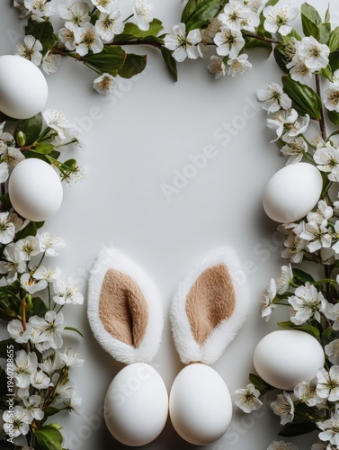White Easter eggs with bunny ears arranged among blooming spring branches and white flowers on a light background, with copy space in the center.