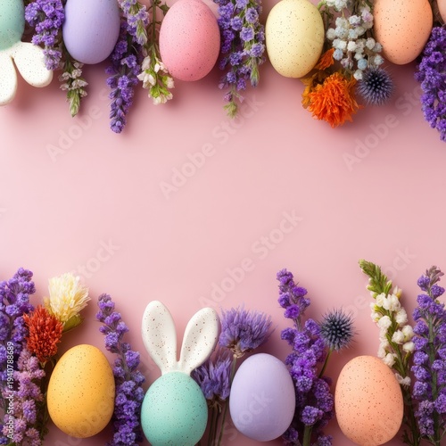 Pastel Easter eggs and spring flowers arranged around a pink background with copy space in the center.