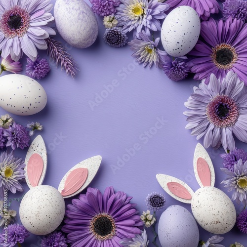 Pastel Easter eggs and bunny decorations with purple spring flowers forming a frame on a lavender background, copy space in the center.