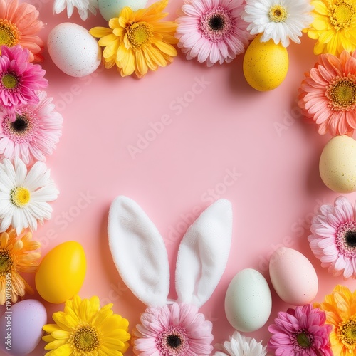 Easter background with bunny ears, colorful eggs and spring flowers arranged in a circle on pastel pink with copy space in the center.